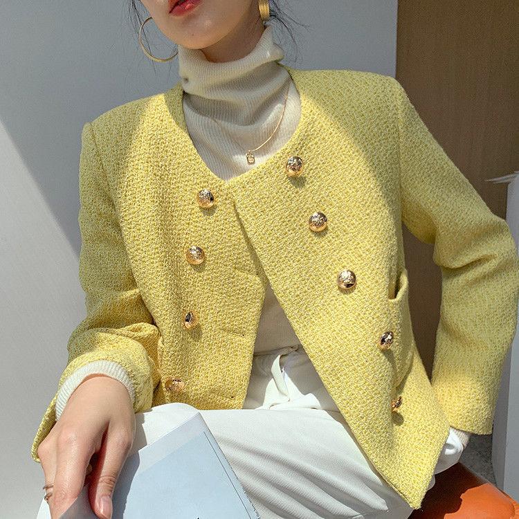 Sophisticated and Cute Round-necked Short Jacket with Double-breasted Buttons