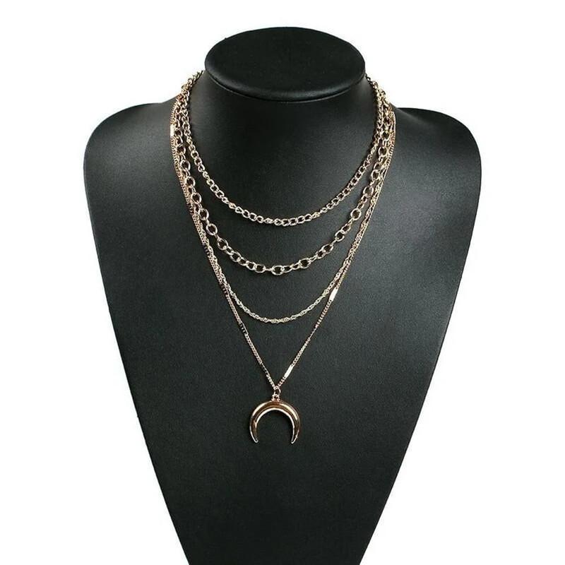 New Bohemian style stacked half moon pendant necklace, multi-layer alloy chain