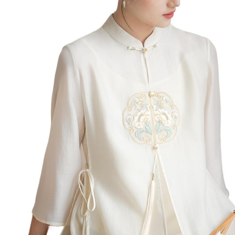 Women's Elegant Embroidered Zen Tea Ceremony Dress - Summer 2026 Chinese Style Flowing Fairy Qipao