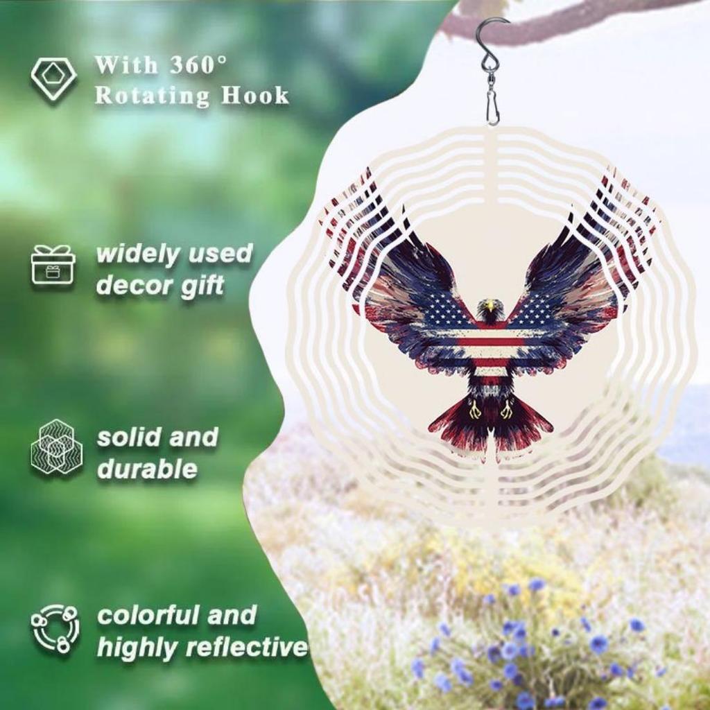 1pc Patriotic Eagle & American Flag Metal Mandala Wind Chime - 360° Rotating Hook, No Batteries Needed, Durable Outdoor Garden & Balcony Decor
