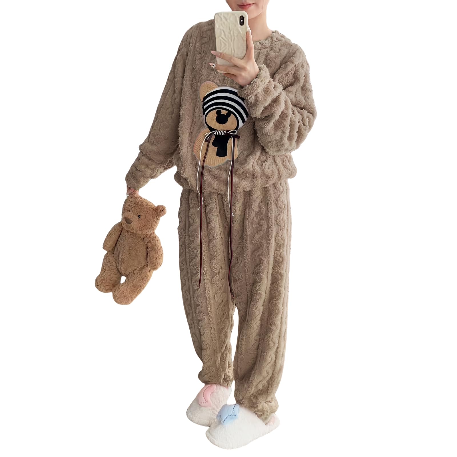 

EnagmourCheripo Пижама крупной вязки с медведем длинная и коралловая и идеально подходит для холодной погоды, теплая как фланель, бархат. Доступна в 4 женских принтах, с длинными рукавами.