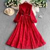 French Court Style Retro Lace Stand-up Collar Lantern Sleeve Dress Women's Spring and Autumn Breasted Waist Big Swing Elegant Long Dress