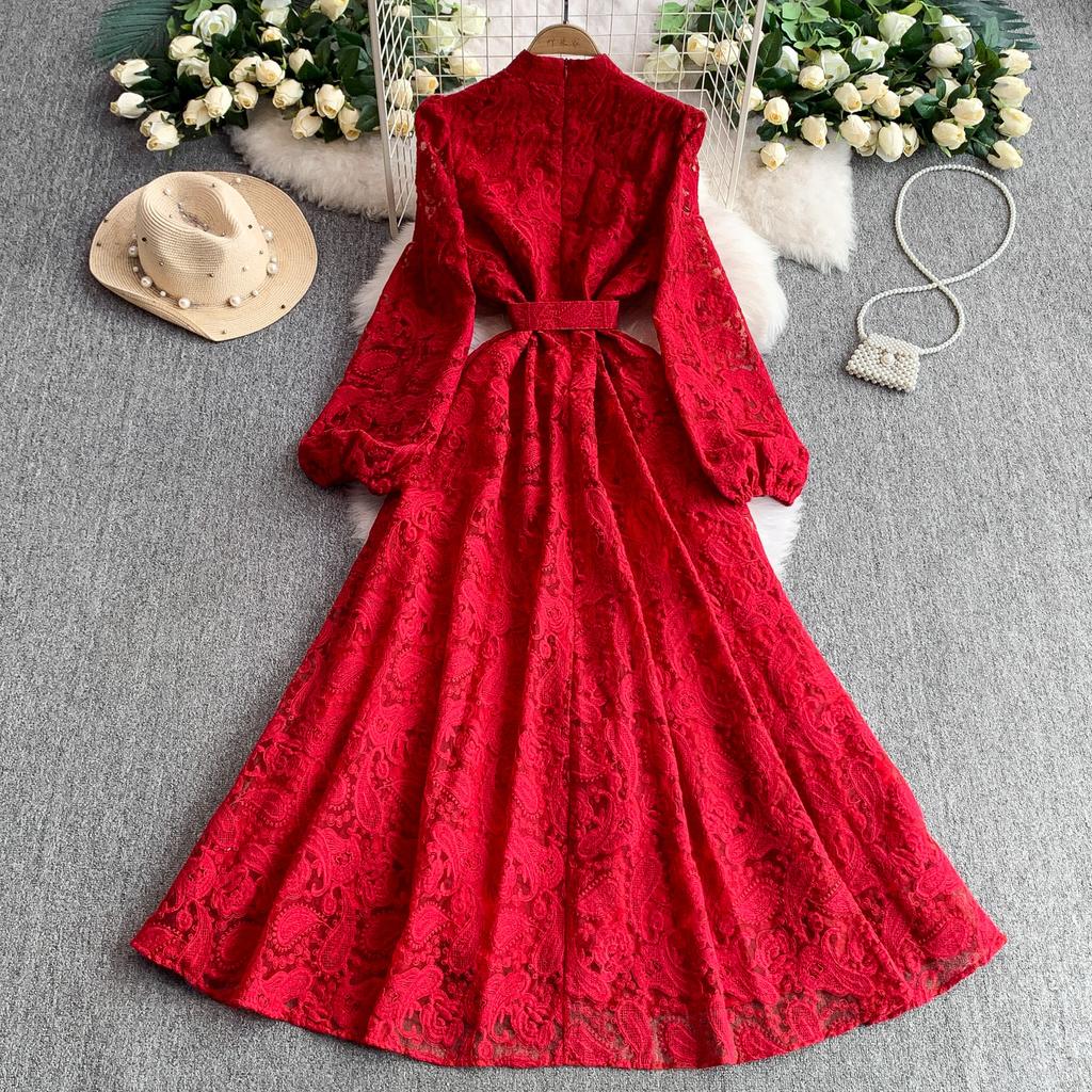 French Court Style Retro Lace Stand-up Collar Lantern Sleeve Dress Women's Spring and Autumn Breasted Waist Big Swing Elegant Long Dress