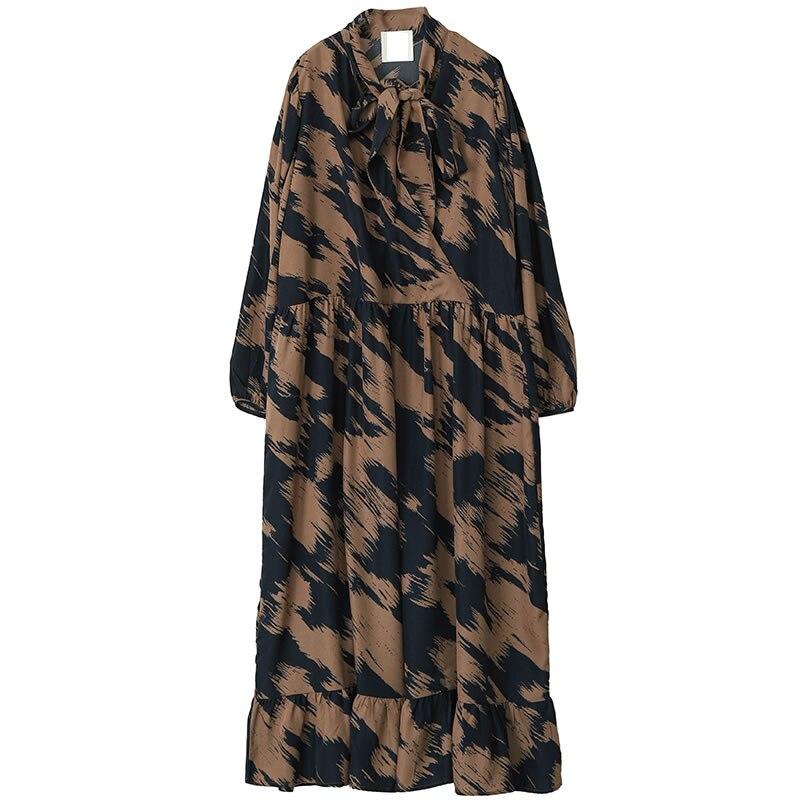 Xitao Vintage Print Dress Fashion Bandage Bow Collar Loose Long Sleeve Pullover Spring Autumn Base Dress New GWJ2559