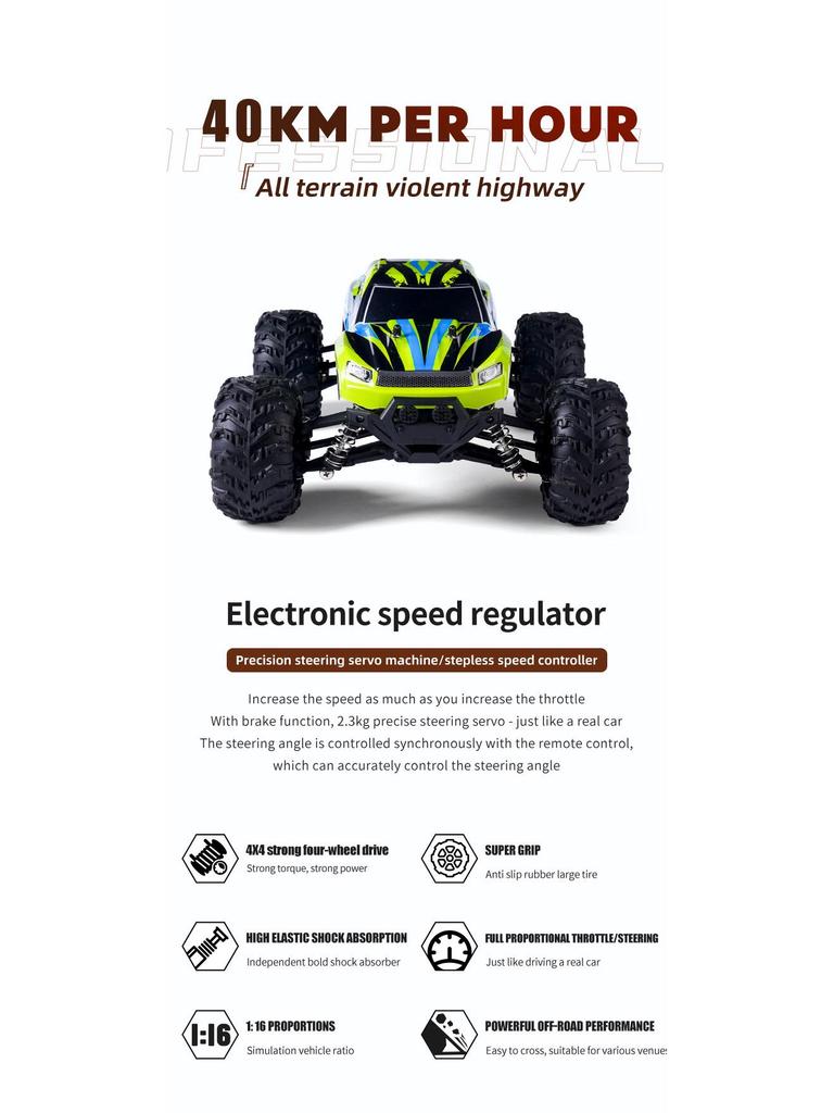 Remote Control 4WD High-Speed Drift Off-Road Bigfoot Electric Toy Truck Model.