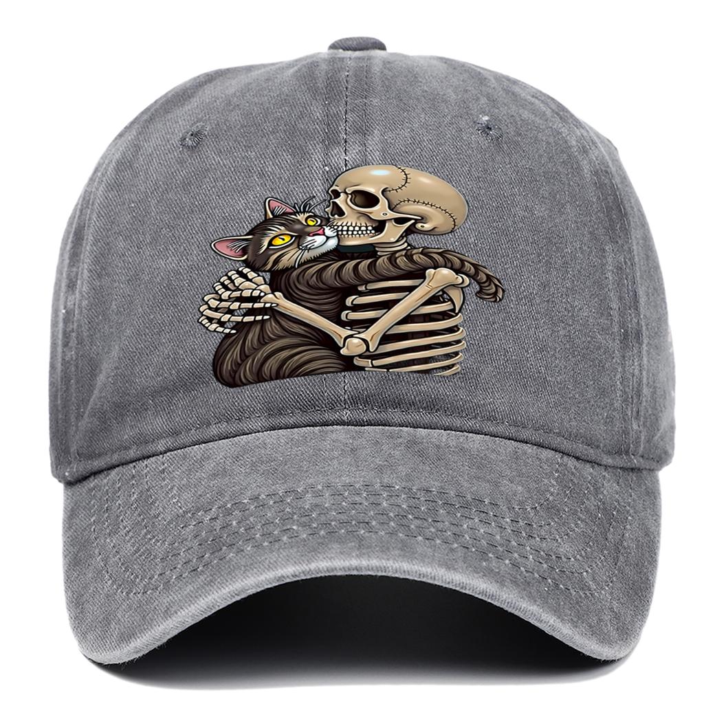 Cat and Skeleton Printed Baseball Hat Adjustable Washable Outdoor Sunscreen Hat Suitable As Halloween Gift for Men and Women