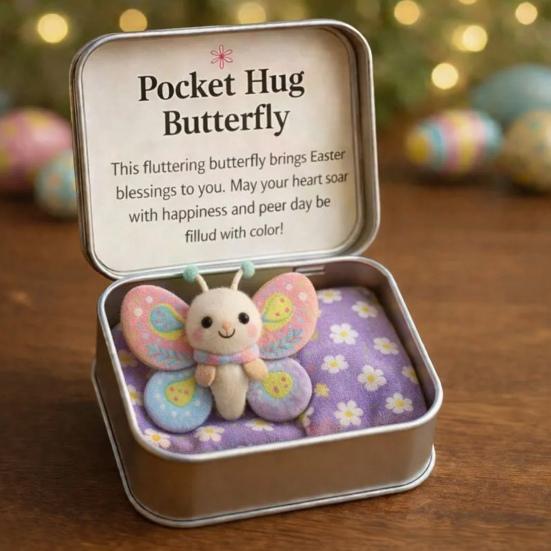 Boîte Hug de Poche de Pâques Figurine Jésus/Lapin/Mouton/Poussin/Papillon/Pierre en Feutre dans Boîte avec Carte Remplisseurs de Panier de Pâques Cadeau Inspirant pour Femmes