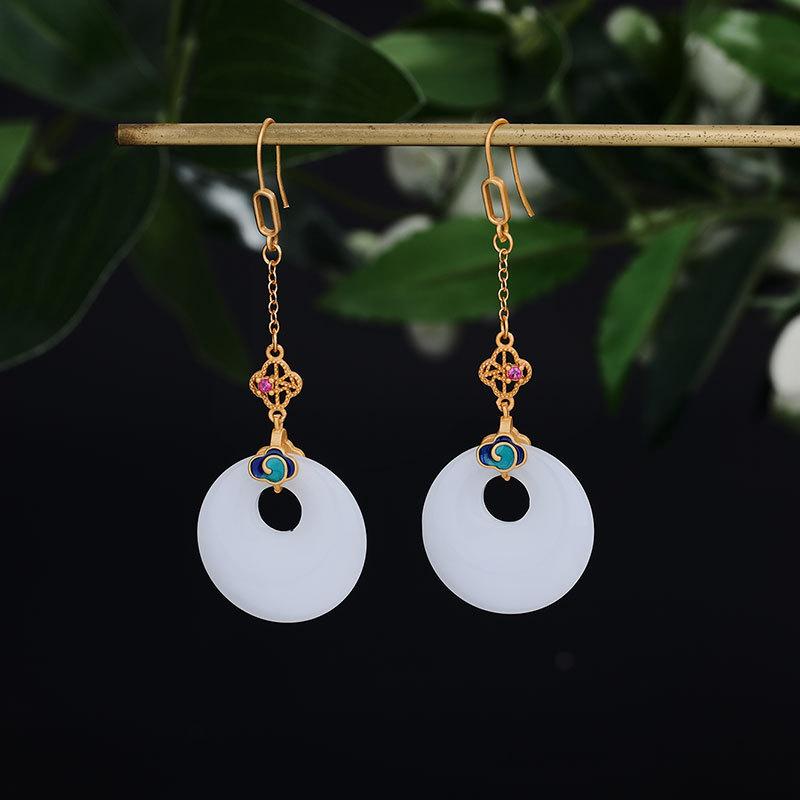 New In Natural An White Jade Round Tassel Earrings For Women Court Style Auspicious Clouds Enamel Exquisite Chain Jewelry