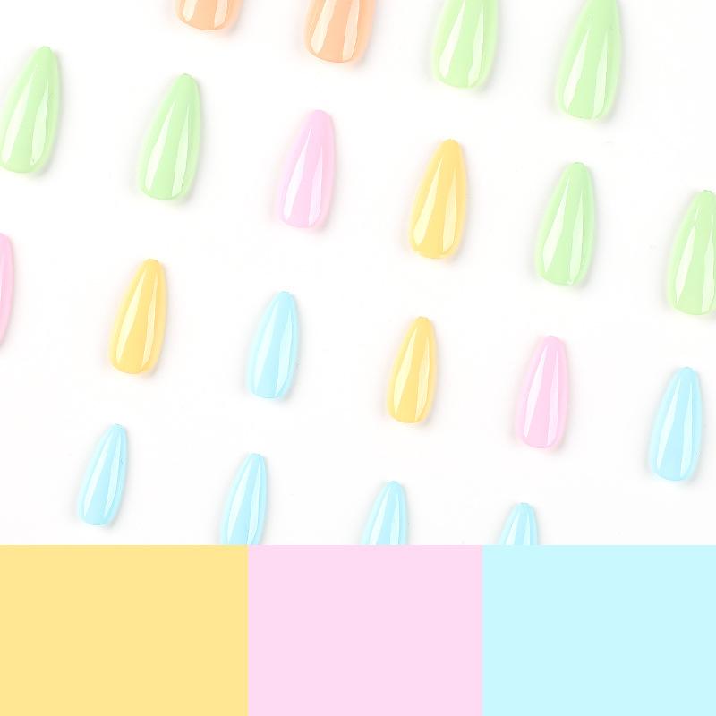 24Pcs/Set Quick Nails Rainbow Color Solid Color False Nials Sticker Wearable Waterproof Manicure Finished Nails
