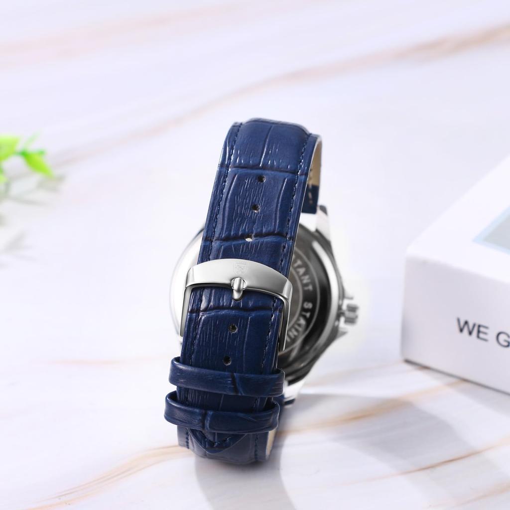 Genuine Leather Blue Starry Luminous Analog Calendar 3ATM Waterproof Quartz Romantic Stylish Casual Fashion Accessories Birthday Anniversary Christmas