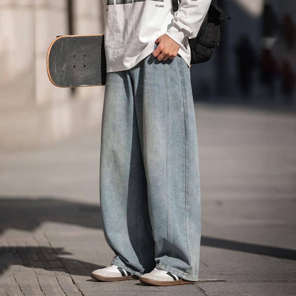 WUXZHI Wide Leg Denim Pants Men's XL Blue Hip 120cm Baggy Jeans Loose Fit