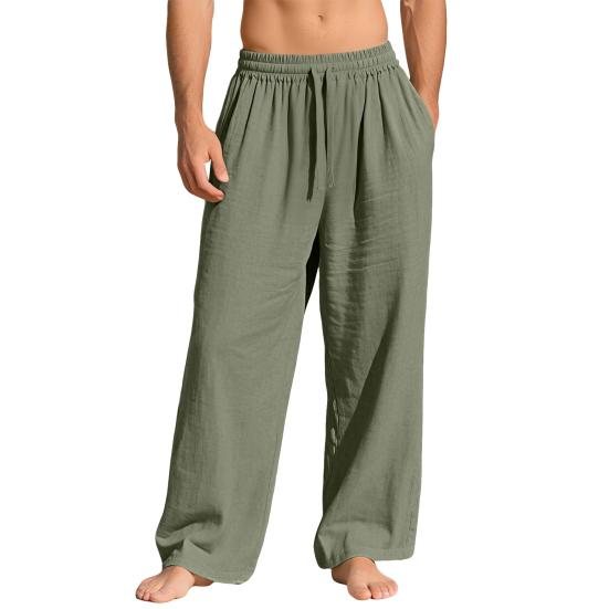 

Men s Linen Pants Straight Leg Elastic Waist Drawstring Lightweight Trousers Casual Summer Beach Long Pants with Pockets M