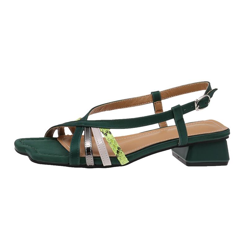 

Fashion New Fashion Pinch Narrow Band Women Sandals Summer Square Open Toe Ankle Buckle Strap High Heels Ladies Chunky Heel Sandals 35 зелёный