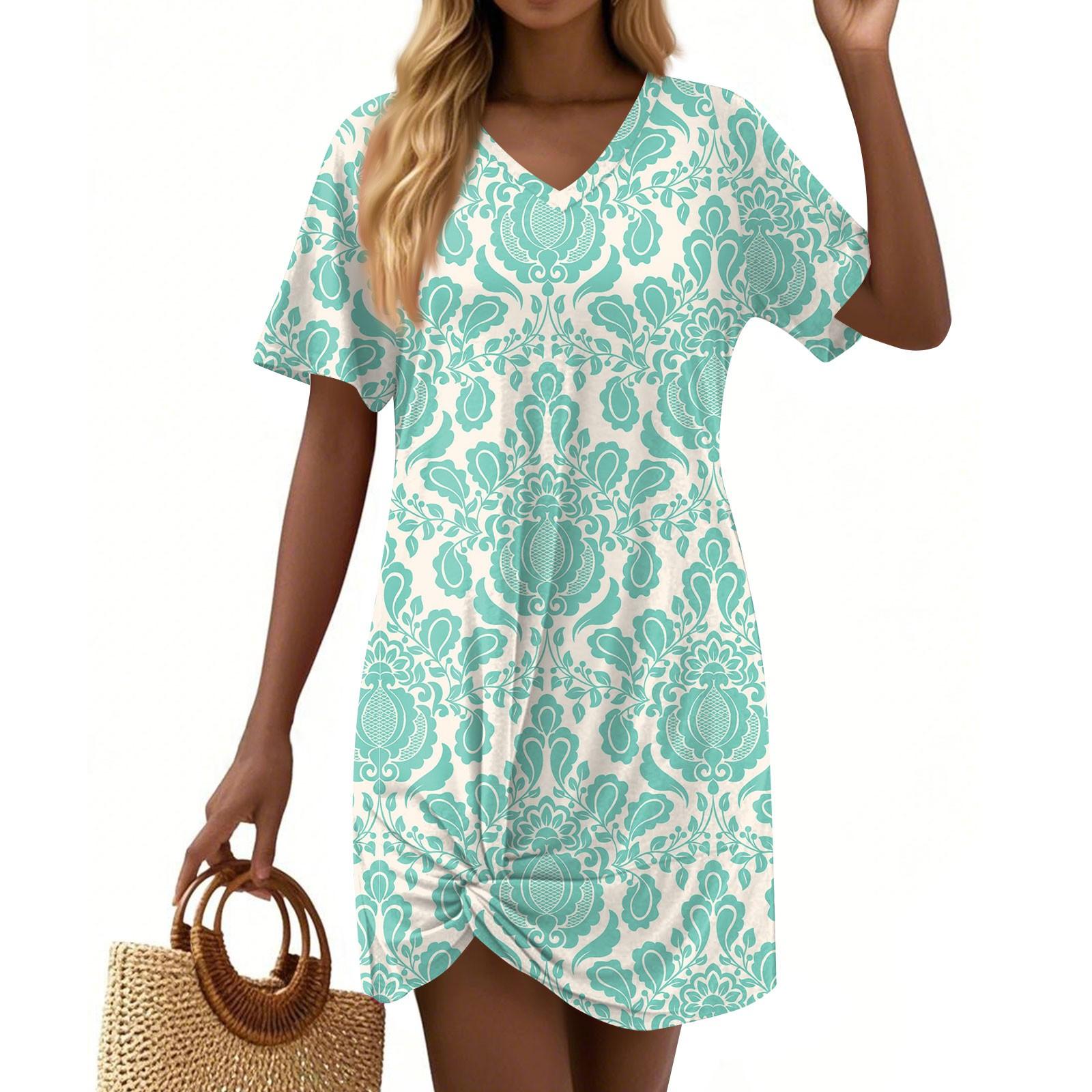 

Women s Summer Casual Floral Printed Hem Knotted Short Sleeve Dresses XL