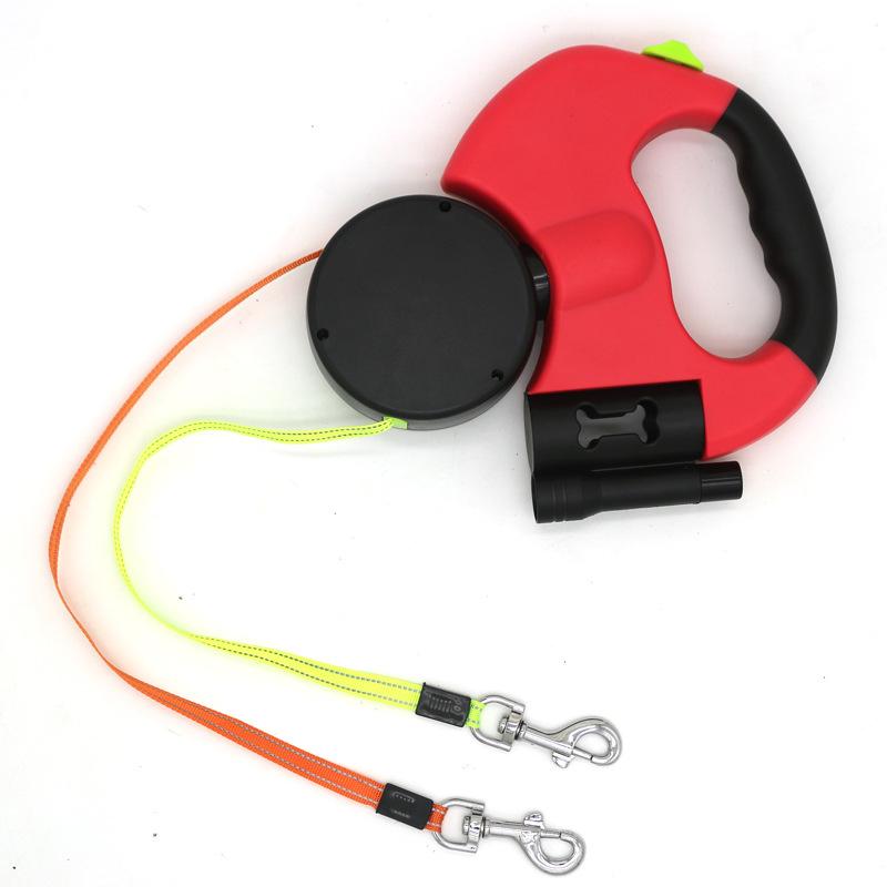 Pet Double head Telescopic Leash Traction Device with Light Style One Tow Two Leash Dog Walking Device Dog Leash Containing Garbage Box