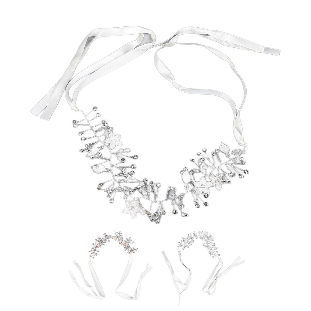 Bridal Crystal Headband Exquisite Flower Leaf Design Soft Ribbon Headpiece for Wedding Birthday Part