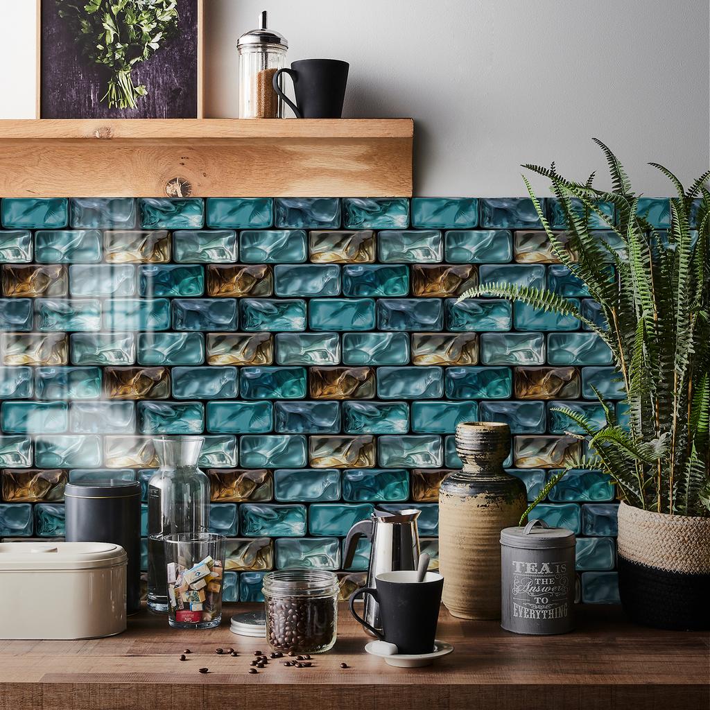 KUUJOJO 3D Vintage Faux Wall Tile Self-Adhesive Decal for Kitchen, Living Room and Bathroom Wall Decor, 11.8 in. X 5.91 in.