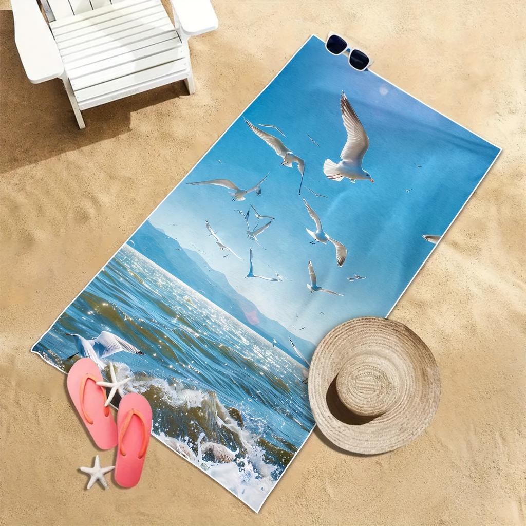 Seagull Ocean Print Beach Towel Coastal Seaside Wave Design Quick Dry Absorbent Microfiber Towel for Beach Camping Travel