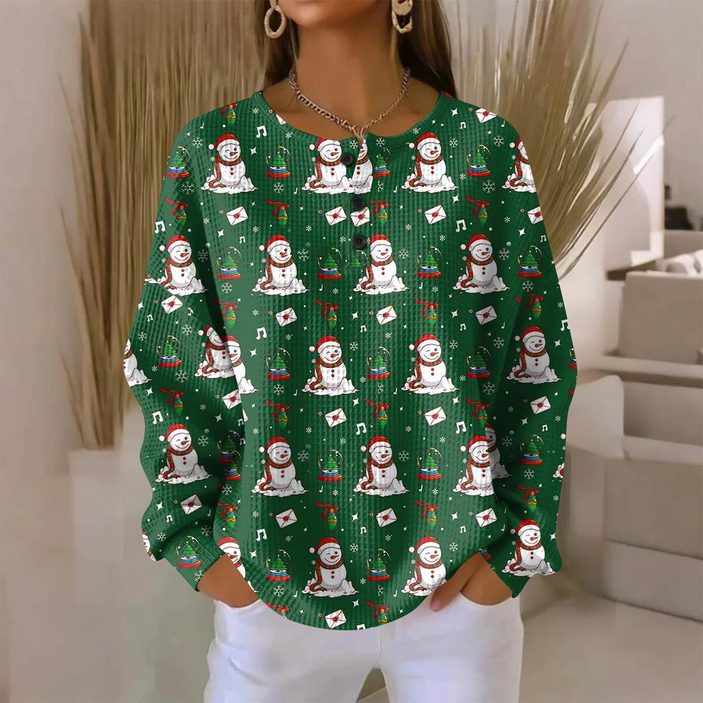 Women's Fashionable Casual Christmas Print V-Neck Long-Sleeved Button-Down Blouse