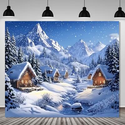 2D Festive Christmas Outdoor Backdrop, Snow-Capped Alps with Glowing Village Houses Banner