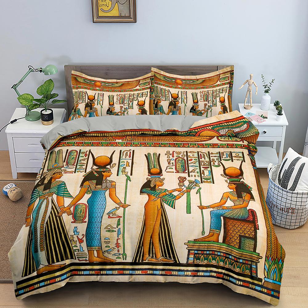 Egypt Comforter Cover Ancient Egyptian Script Duvet Cover Set For Kids Boys Pharaoh Pyramid Bedding Set Egypt Tribal Quilt Cover