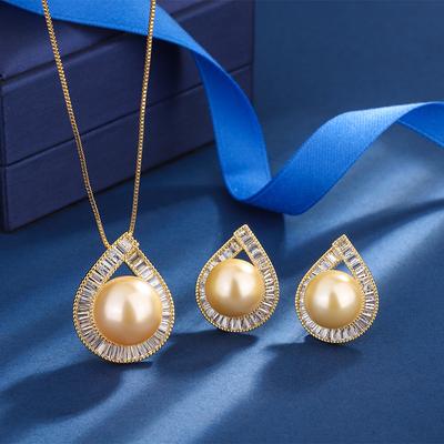 Jewelry Copper Bottom Gold-Plated Inlaid Light Gold Pearl Geometric Diamond-Set Texture Set 16Mm14Mm