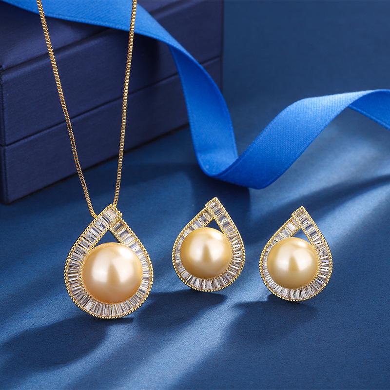 Jewelry Copper Bottom Gold-Plated Inlaid Light Gold Pearl Geometric Diamond-Set Texture Set 16Mm14Mm