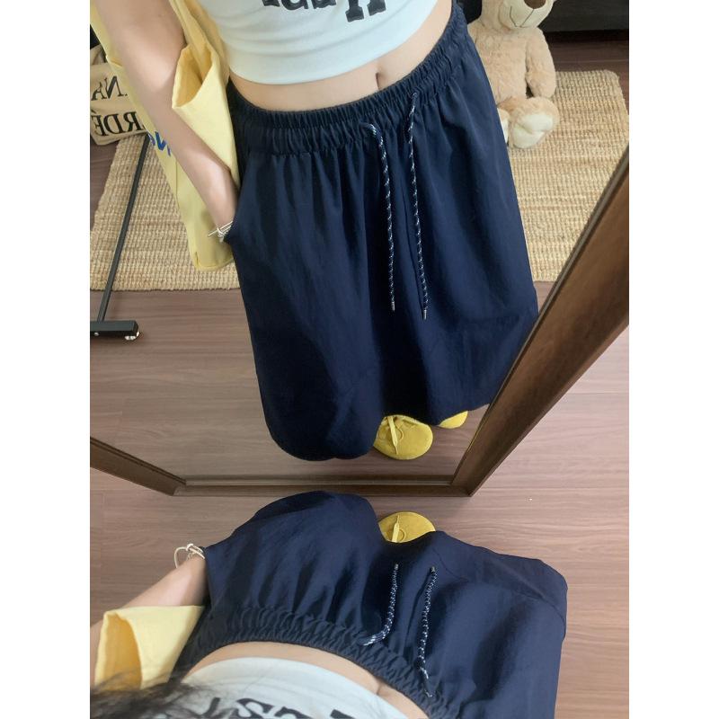 Plus Size Korean A-line Solid Color Mid-length Skirt - Spring/Summer Casual Style with Drawstring and Spliced Design