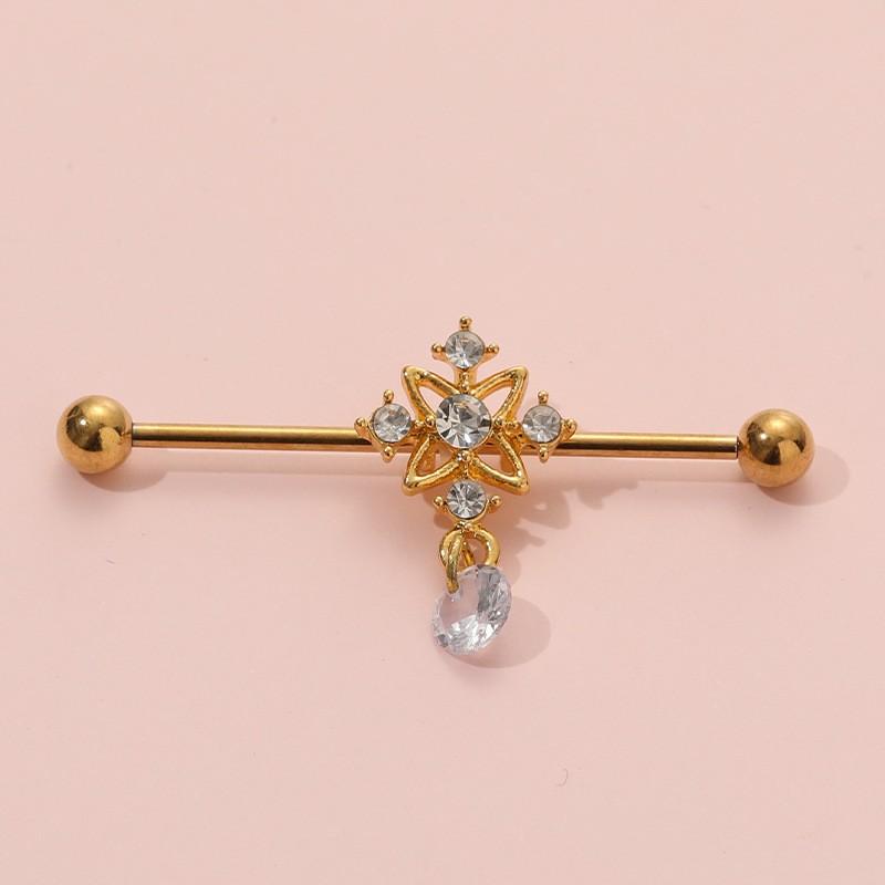 Stainless Steel Long Ear Bridge Piercing Jewelry With Small Gold Snake Bee Double Holes