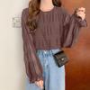 [SYitong] Shirt Blouse, Gathered Shirring Long Sleeve Chiffon Blouse, Lined, Sheer Sleeves, Lightweight Look, Frilled Shirt, Slimming Effect, Figure-F