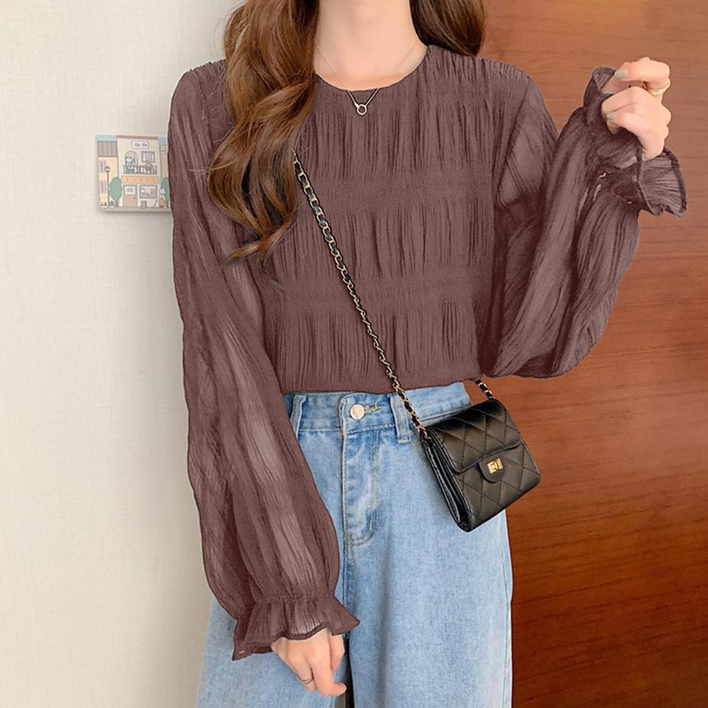 [SYitong] Shirt Blouse, Gathered Shirring Long Sleeve Chiffon Blouse, Lined, Sheer Sleeves, Lightweight Look, Frilled Shirt, Slimming Effect, Figure-F