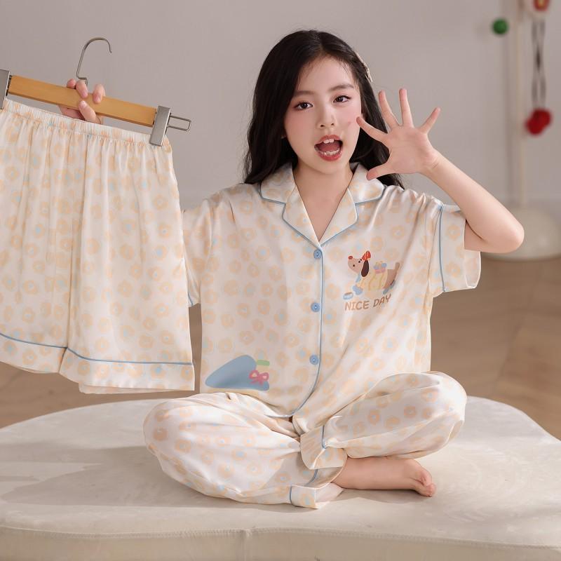 Girls Pajama Set Ice Silk Short Sleeve Long Pants Shorts 3-Piece Cartoon Sleepwear Ages 8