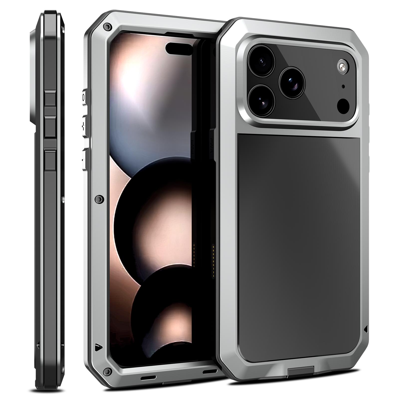 

Роскошный прочный чехол для IPhone 17 16 15 Pro Max Plus Металлический Прочный 360 Полная Защита Корпуса Ударопрочный Броня Защитный Чехол Fundas Case & Screen Protector&iPhone Air серебряный