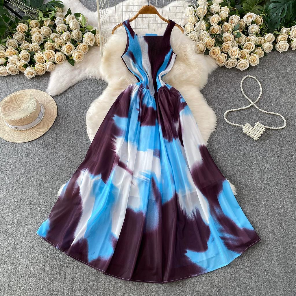 Charming and Elegant Vacation-Style Square-Neck Spaghetti-Strap Dress for Women Summer Dopamine Print A-Line Maxi Dress