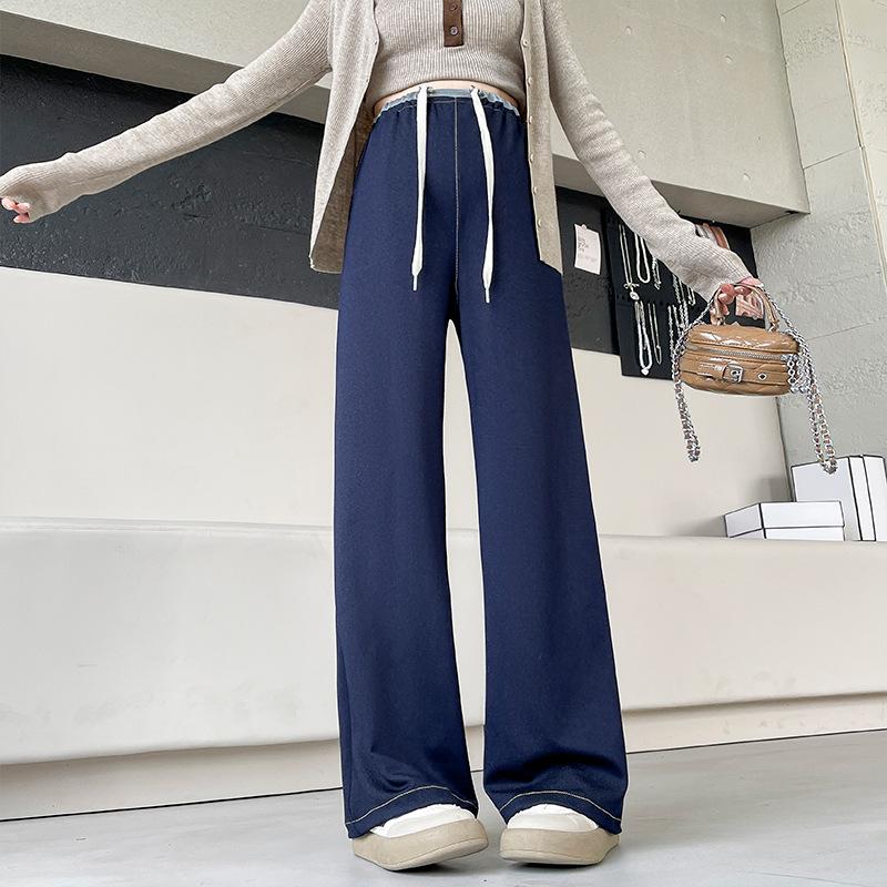 

0 Новые брюки для беременных, утолщенные вязаные джинсы, осенние брюки, комбинированные брюки, эластичные брюки с широкими штанинами на шнурке M синий