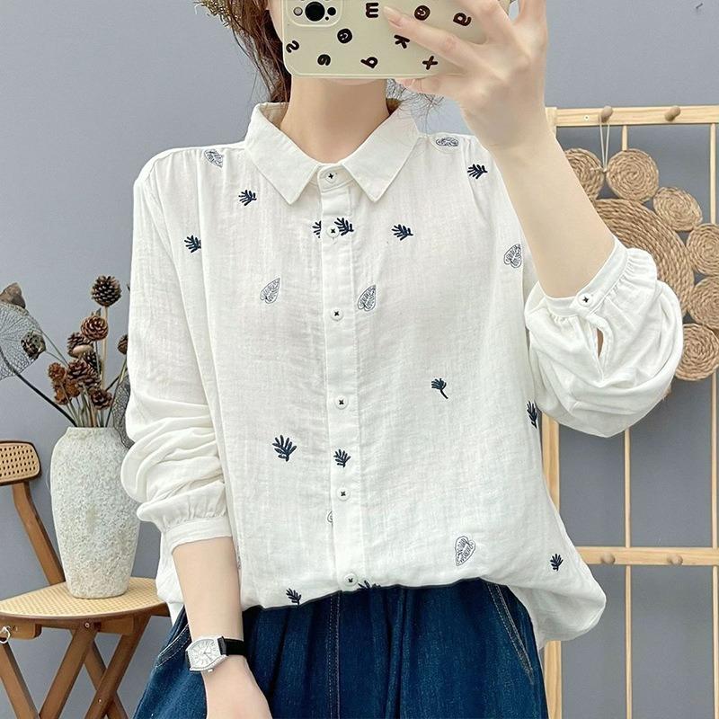 Women lapel leaf embroidery linen long sleeve shirt multi color loose casual bubble cuff button blousee S белый