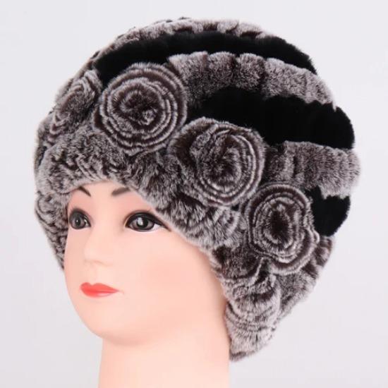 Hot Sale Winter Women Flower Striped Natural Real Fur Hats Lady Warm Knit Genuine Rex Rabbit Fur Caps Outdoor Fur Beanies Hats