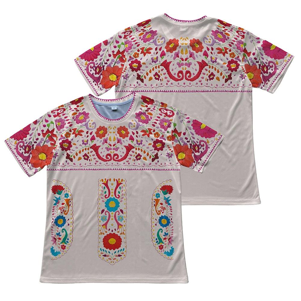 Women's Ethnic Floral Embroidered Style Short Sleeve T-shirts Summer Round Neck 3D Print Tops Fashionable Casual Tops