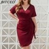 BITCED Plus Size Solid Color Casual Resort Dress Tie-Detail Resort V-Neck Midi Dress