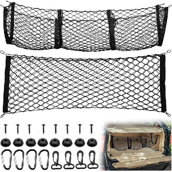 Tallew Cargo Net 3 Pocket Trunk Organizer Stretchable Trunk Mesh Cargo Net with Hooks Screws Buttonholes Black Mesh Trunk Grocery Storage Bag for