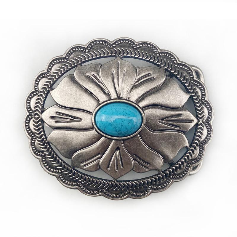 Retro Men s Turquoise Leather Belt with Higanbana Oval Buckle