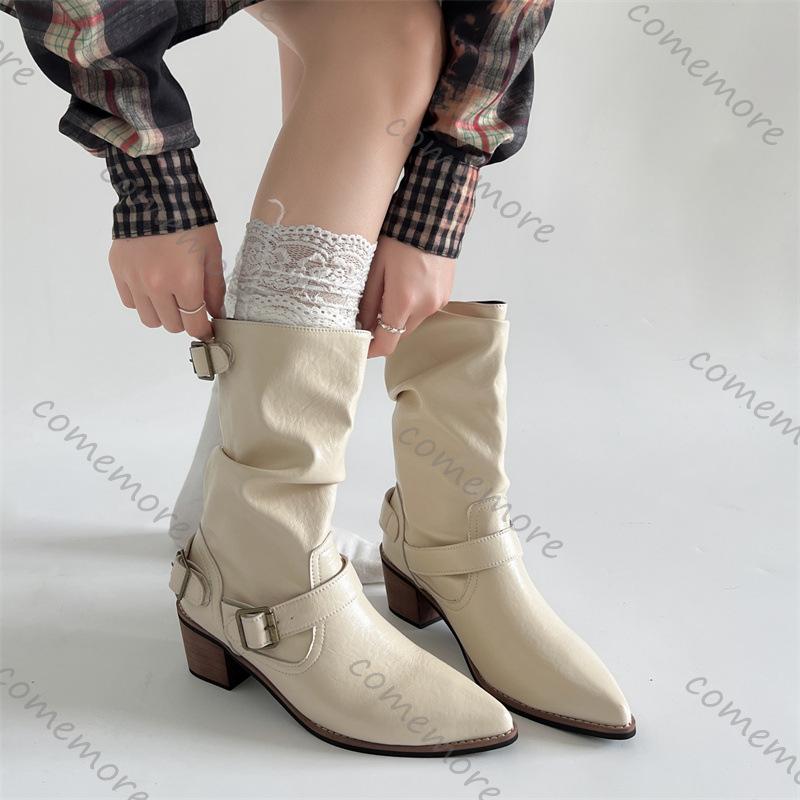 Fashion Comemore Beige Fashion Western Mid-calf Boots for Women New Autumn Thick Middle Heel Pointed Toe Stacked Short Botas Femininas