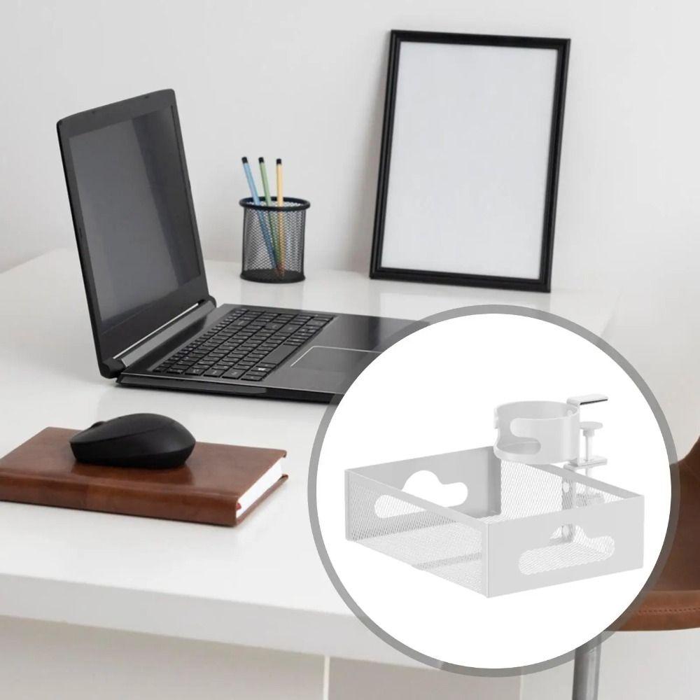 360 Degree Rotating Under Desk Storage Rack No Drill Carbon Steel Desktop Stationery Shelf Multifunctional with Cup Holder