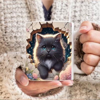 Envoltura de Taza de Café de Gato Negro con Efecto 3D, Taza de Té de Cerámica para Sublimación de 11 oz, Tazas de Cerveza, Tazas de Leche, Regalo Sorpresa para NIÑOS