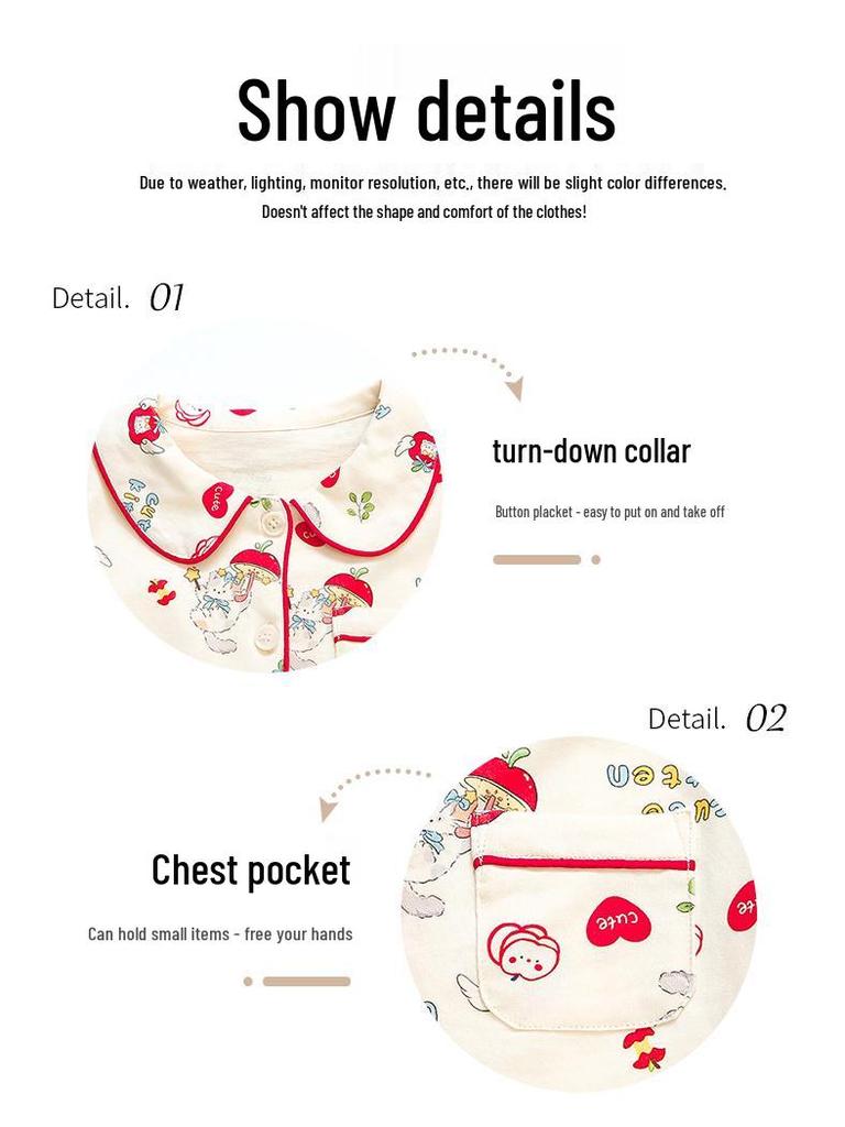 Girls' Cute Apple Pajama Set, Spring/Autumn 2025 - Pure Cotton, Long Sleeve & Pants, Cartoon Design Homewear