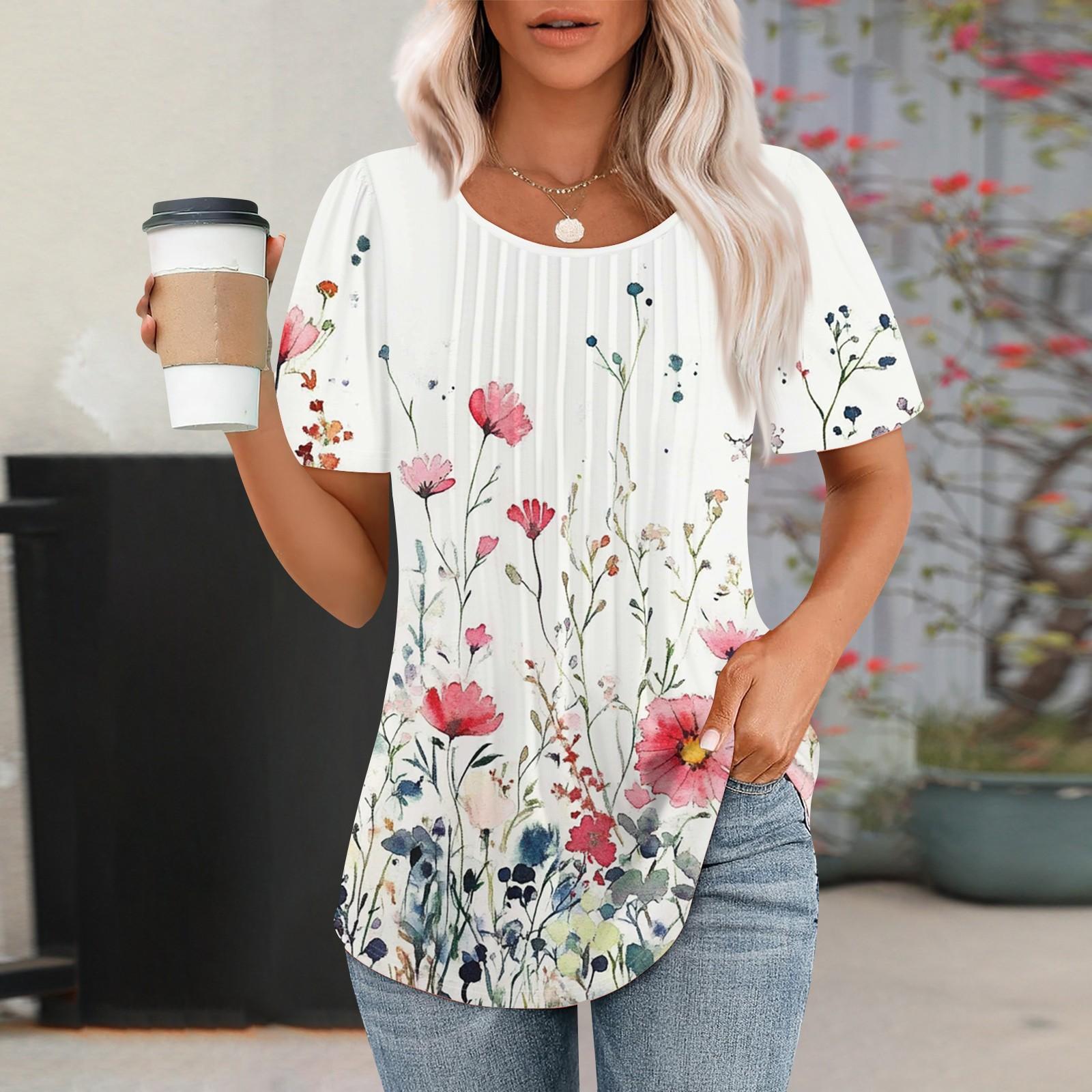 

Жіноча модна повсякденна плісирована футболка з круглим вирізом і принтом з короткими рукавами S