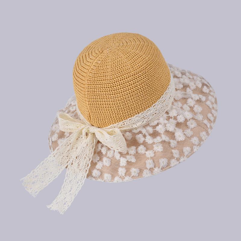 Summer lace streamer bow bucket hat small daisy big brim sun hat outdoor versatile beach sun hat