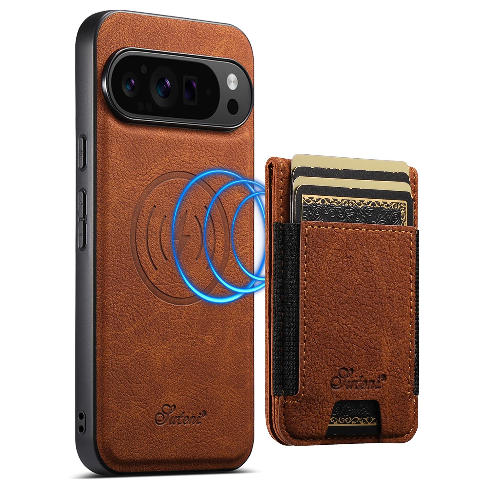 

SUTENI H17 For Google Pixel 10/10 Pro Magnetic Case Card Slots Leather+TPU Kickstand Phone Cover Khaki