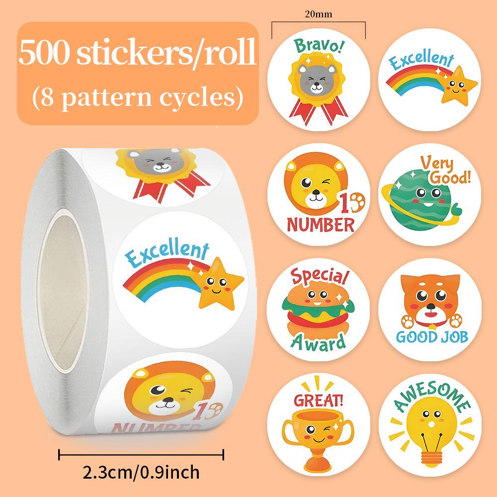 English Reward Stickers Roll - 500 Round Stickers for Children's Journals and Tape Sealing