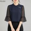 ZANZEA Women Casual Round Neck Polka Dot Print Splice 3/4 Sleeve Loose Blouse